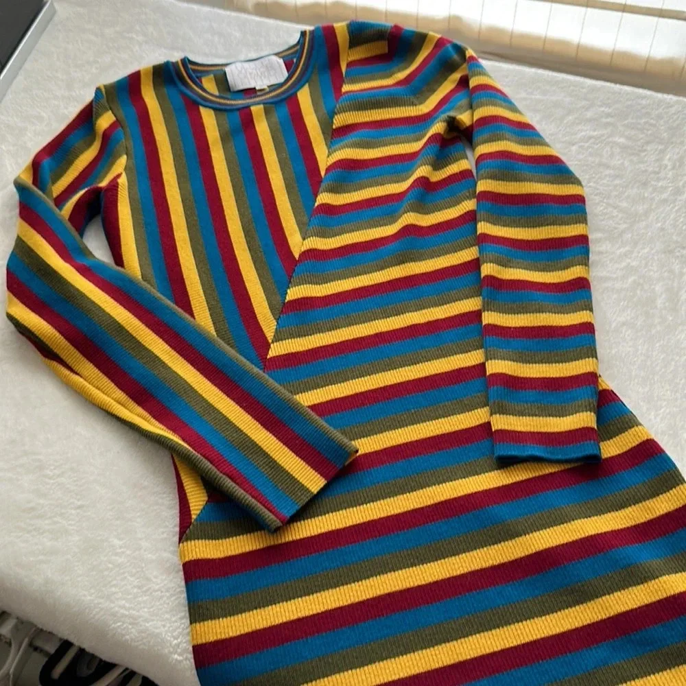 VICTOR‎ GLEMAUD Wool Knit Sweater Dress Multi-Color Striped Retro 70s, Medium